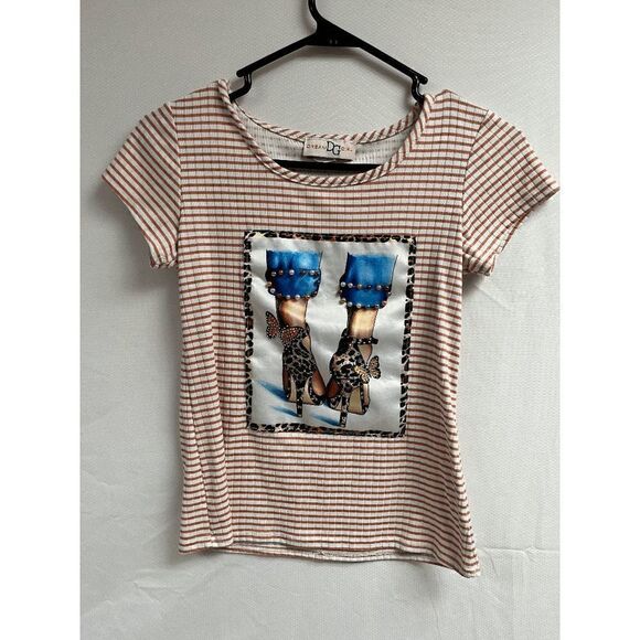 Dream Girl Short Cap sleeve Crew neck Embellished Pearls T shirt Striped - Picture 1 of 3
